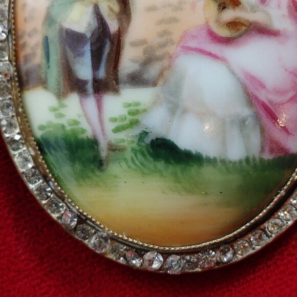 Antique Porcelain Brooch Bezel Setting Czech Hand Painted Numbered c. 1920s - Picture 3 of 9
